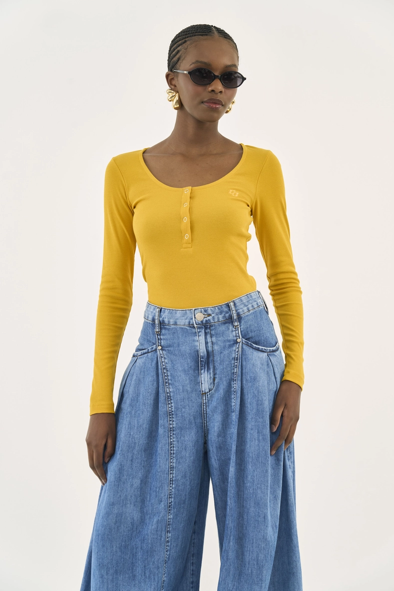 Blusa Feminina Slim Canelada Peitilho Manga Longa