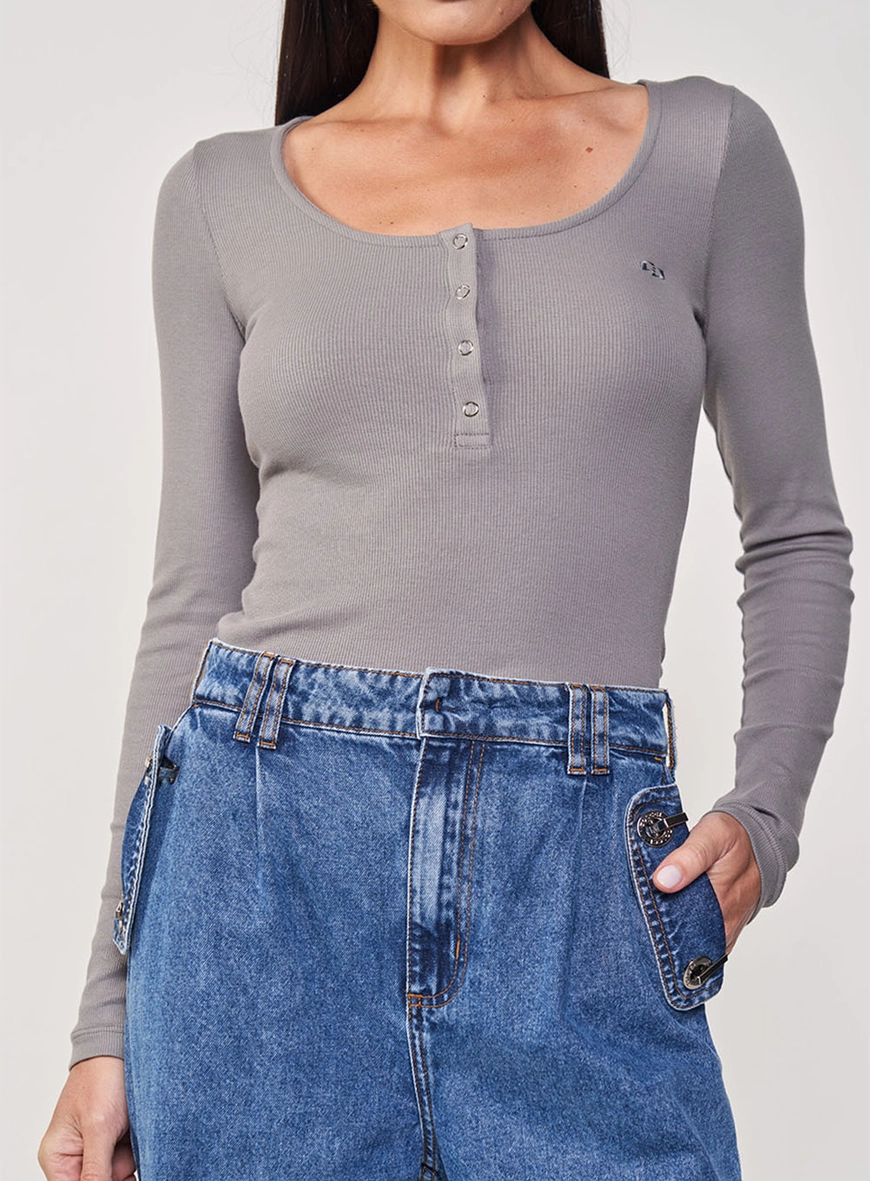 Blusa Feminina Slim Canelada Peitilho Manga Longa