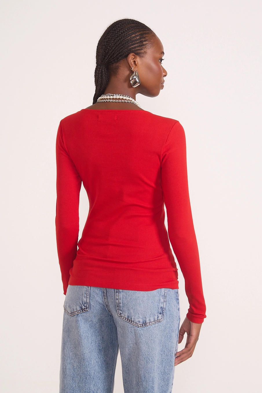 Blusa Feminina Slim Canelada Peitilho Manga Longa Vermelho
