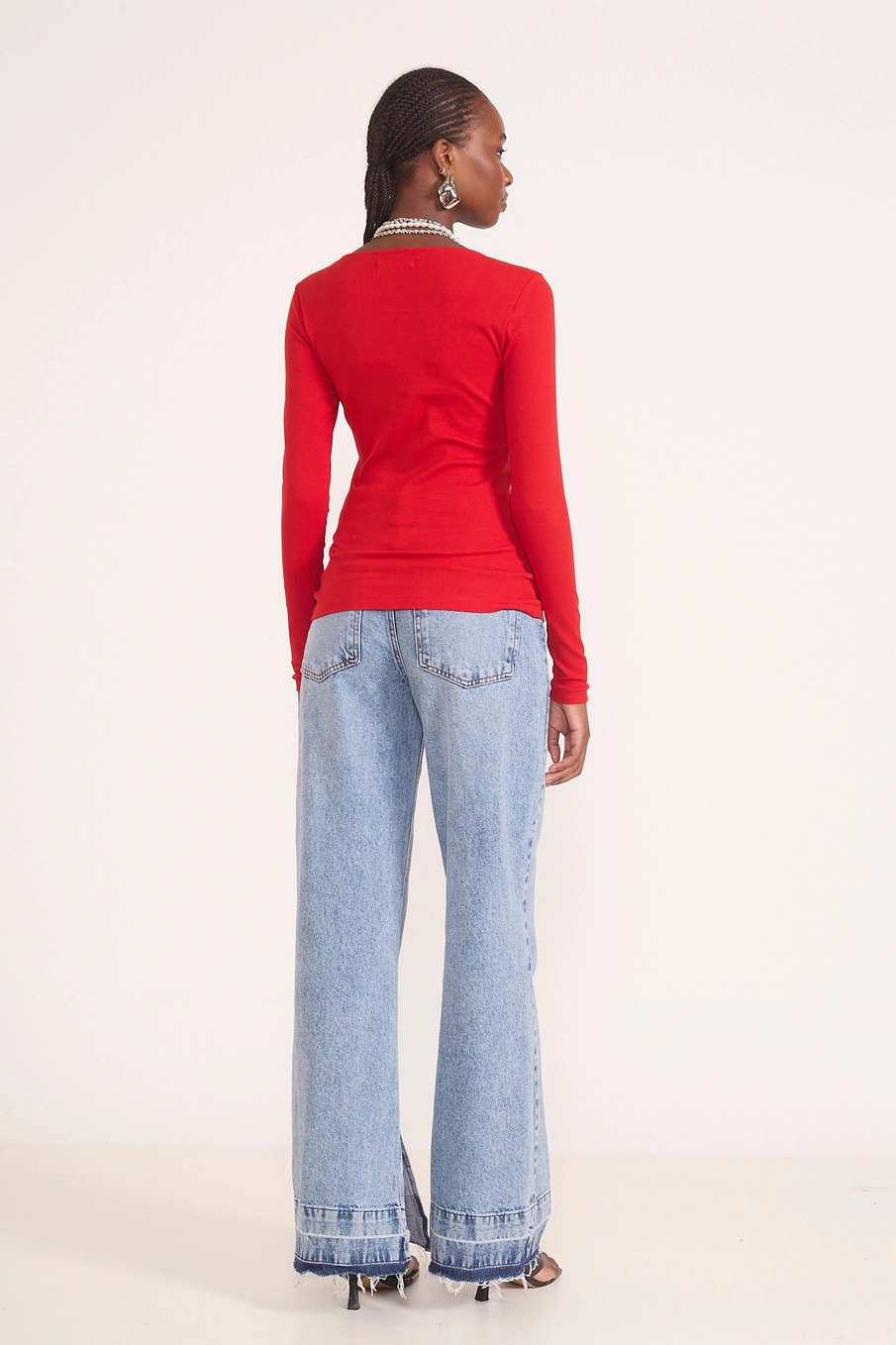 Blusa Feminina Slim Canelada Peitilho Manga Longa Vermelho