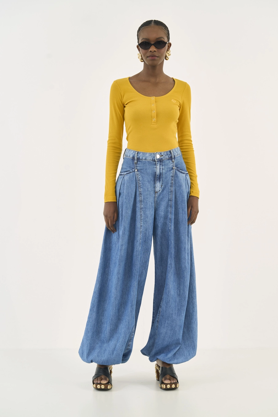 Blusa Feminina Slim Canelada Peitilho Manga Longa Amarelo