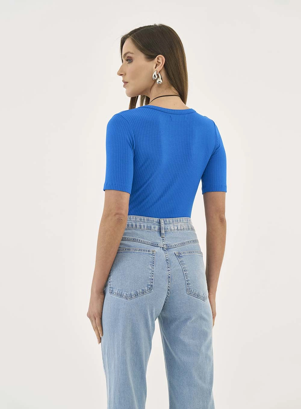 Camiseta Feminina Slim Viscose Canelada Azul