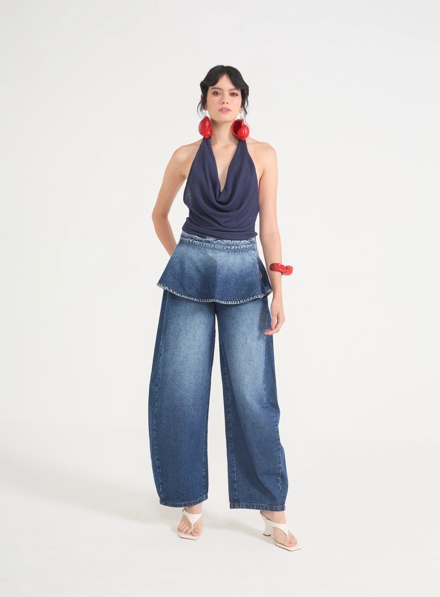 Calça Jeans Peplum Barril Com Sobreposição