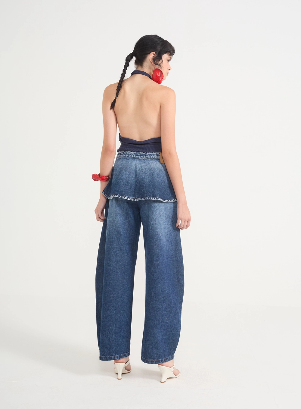 Calça Jeans Peplum Barril Com Sobreposição Índigo