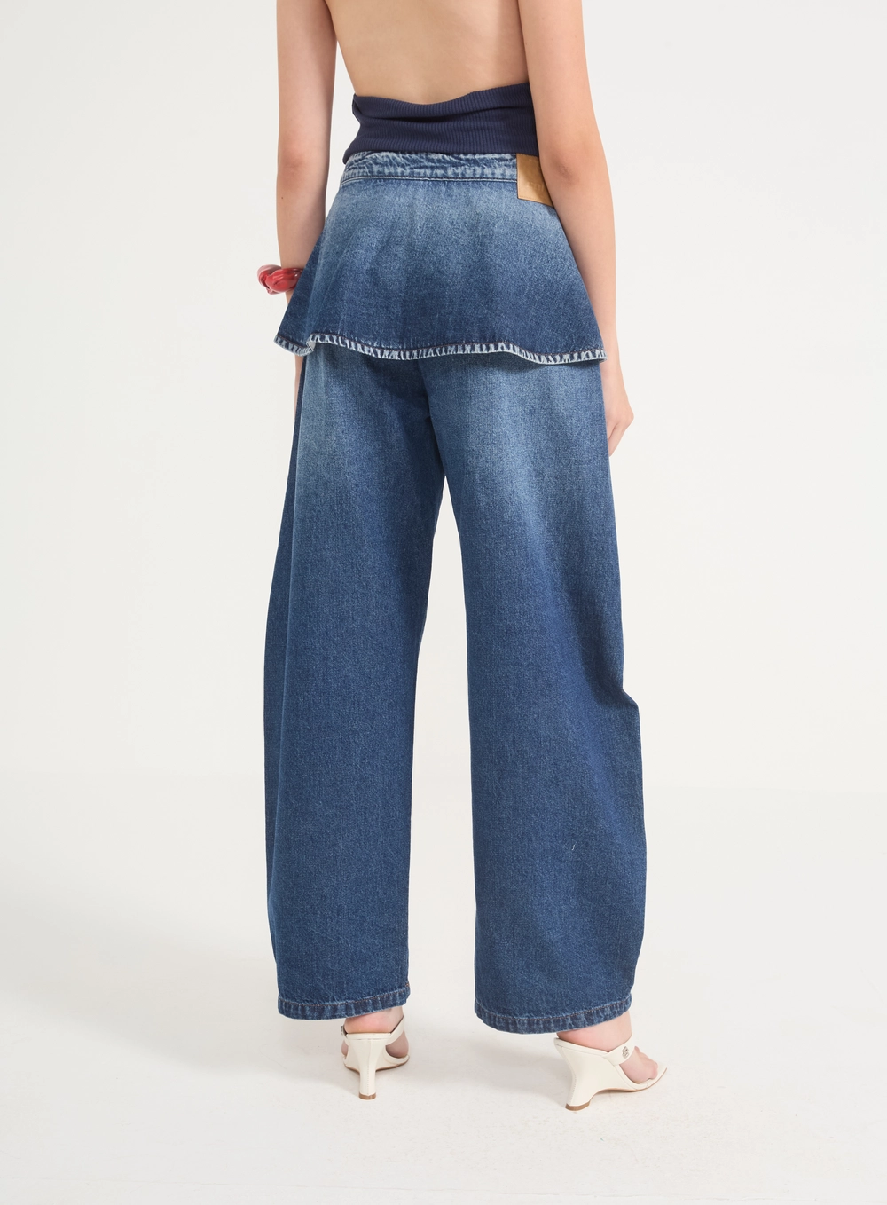 Calça Jeans Peplum Barril Com Sobreposição Índigo