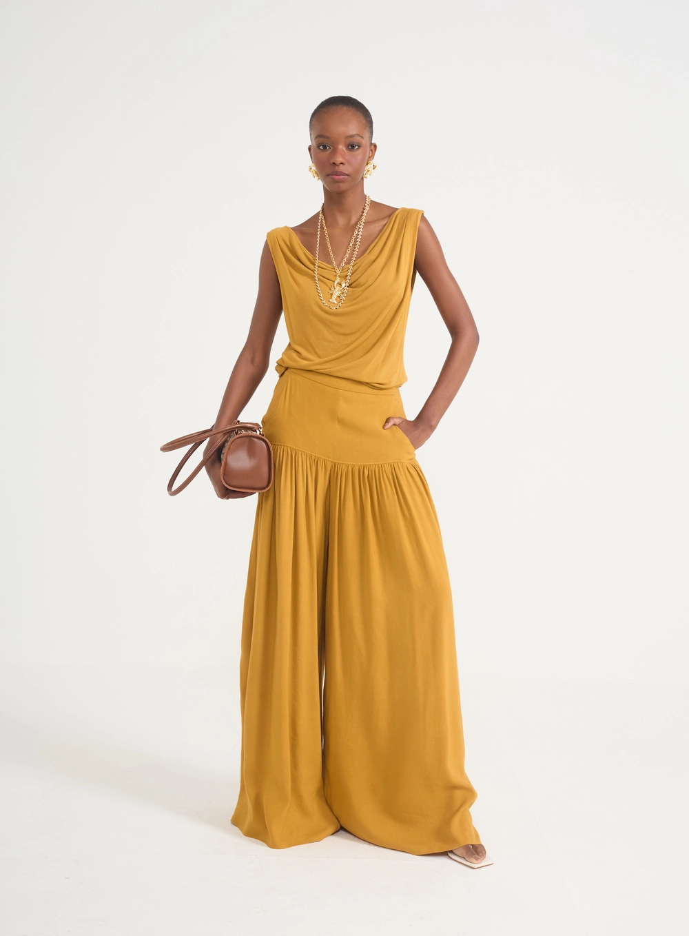 Calça Pantalona Silvia Com Linho Amarelo