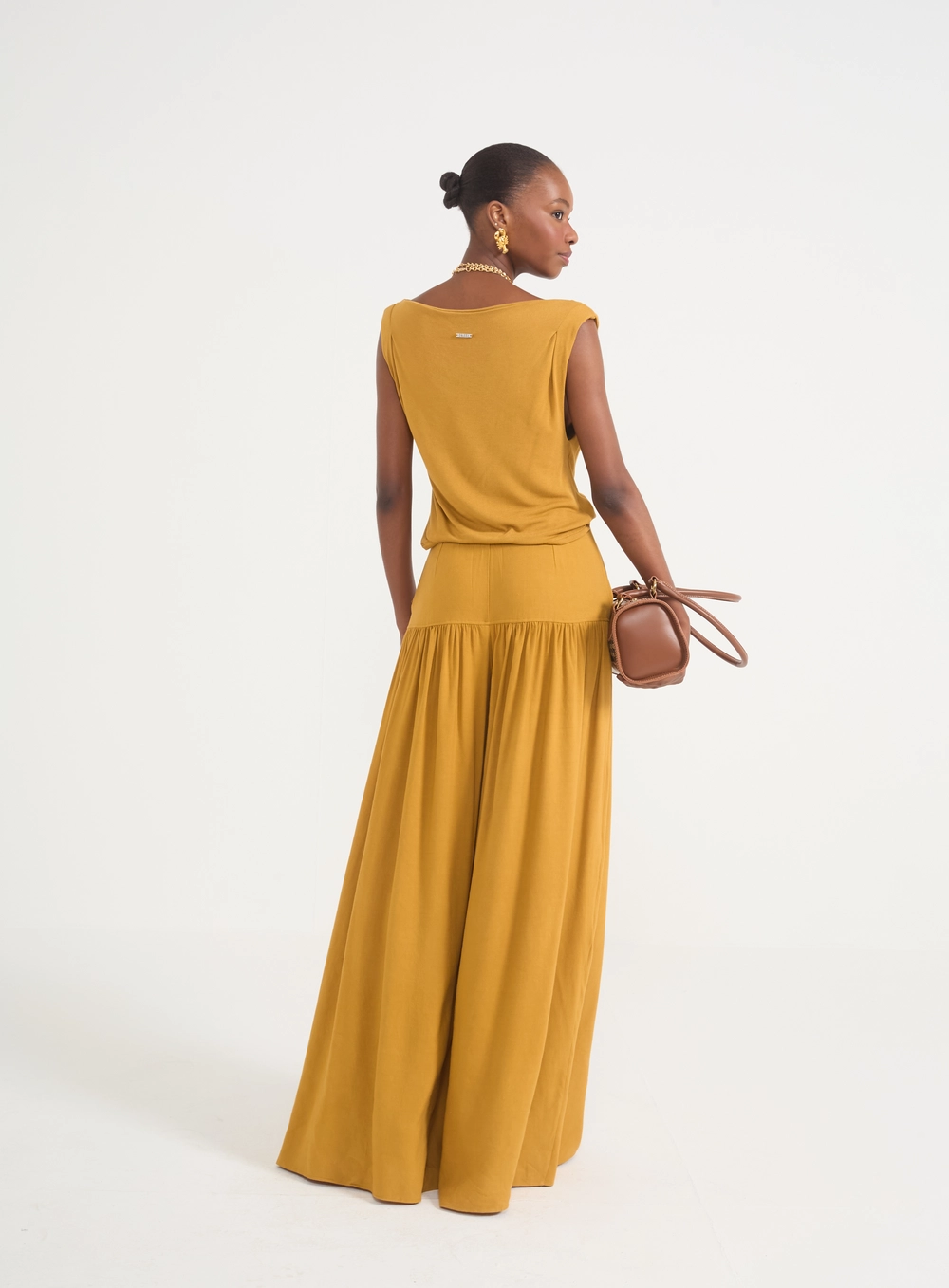Calça Pantalona Silvia Com Linho Amarelo