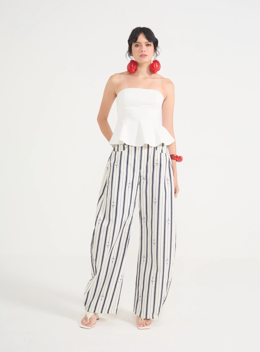 Calça Jeans Barril Estampa Náutica
