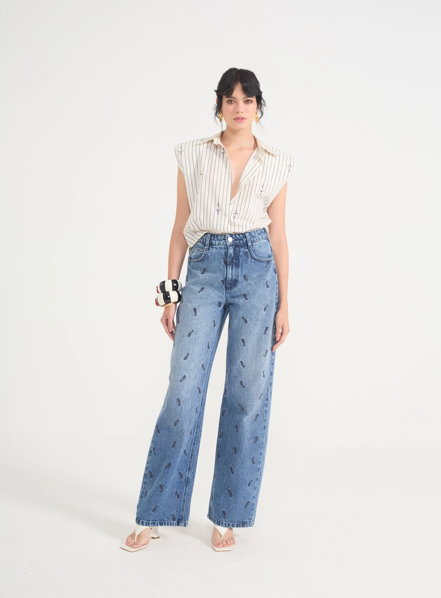 Calça Jeans Juliette Wide Leg Com Bordado