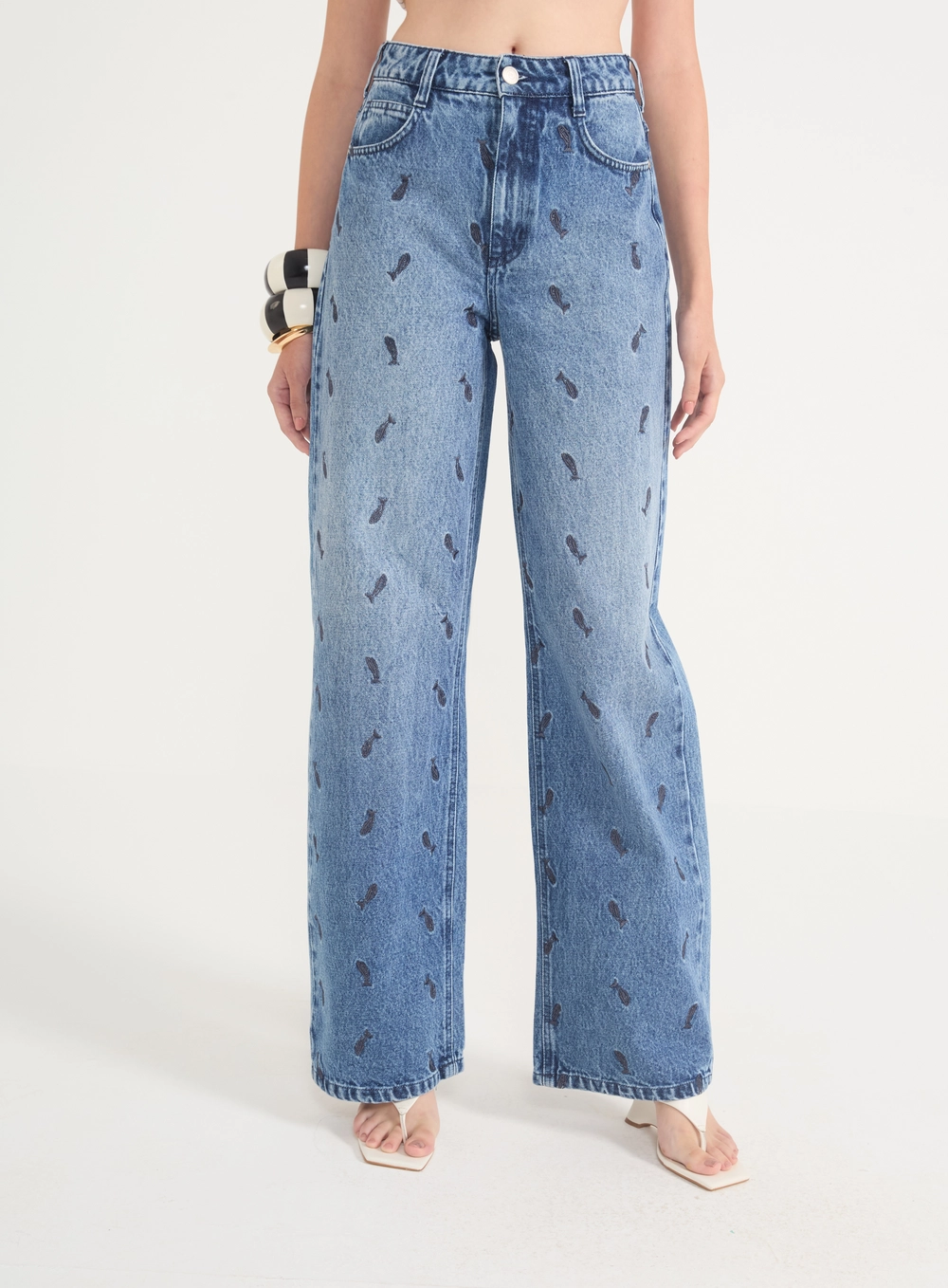 Calça Jeans Juliette Wide Leg Com Bordado Índigo