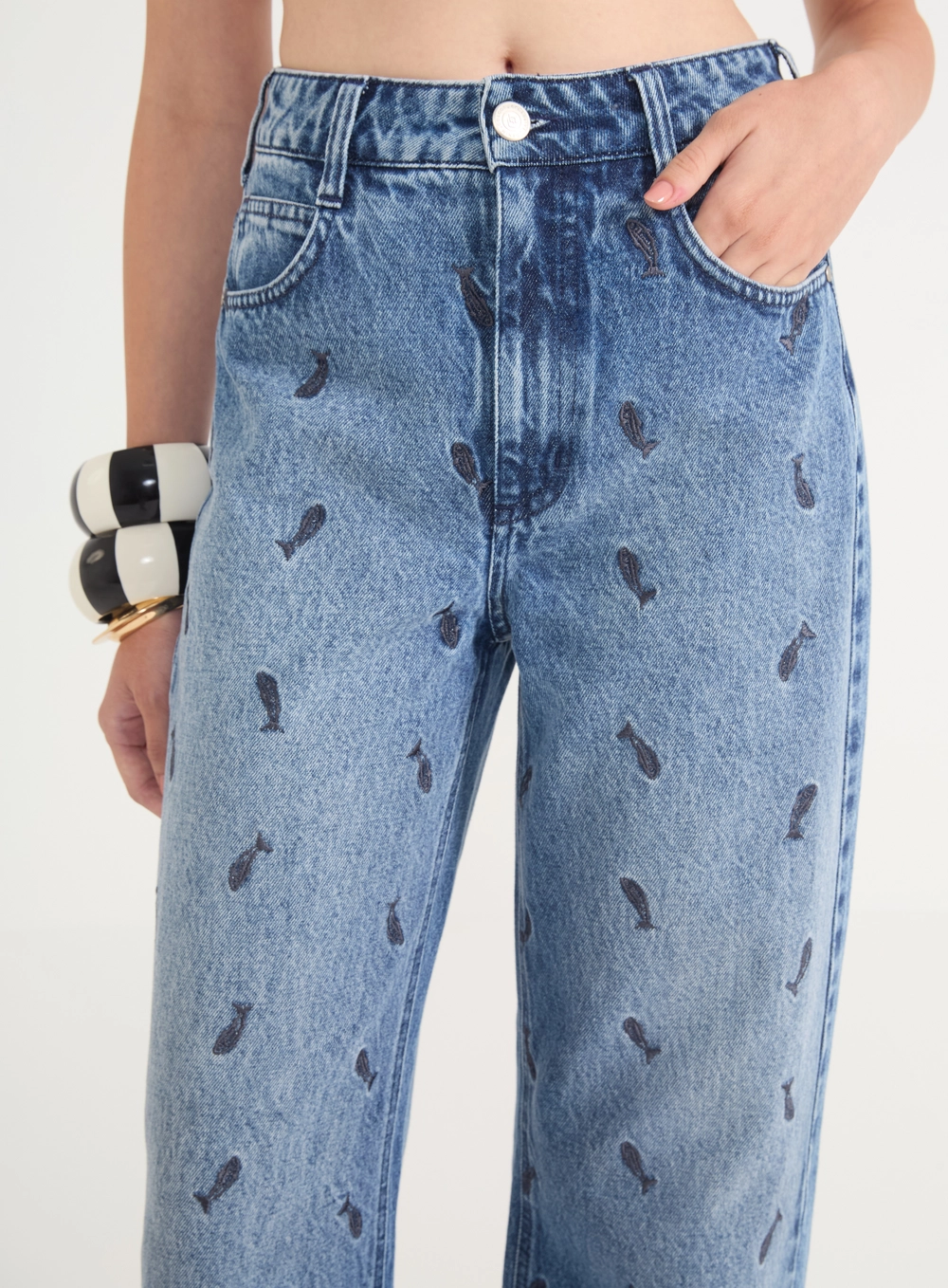 Calça Jeans Juliette Wide Leg Com Bordado Índigo