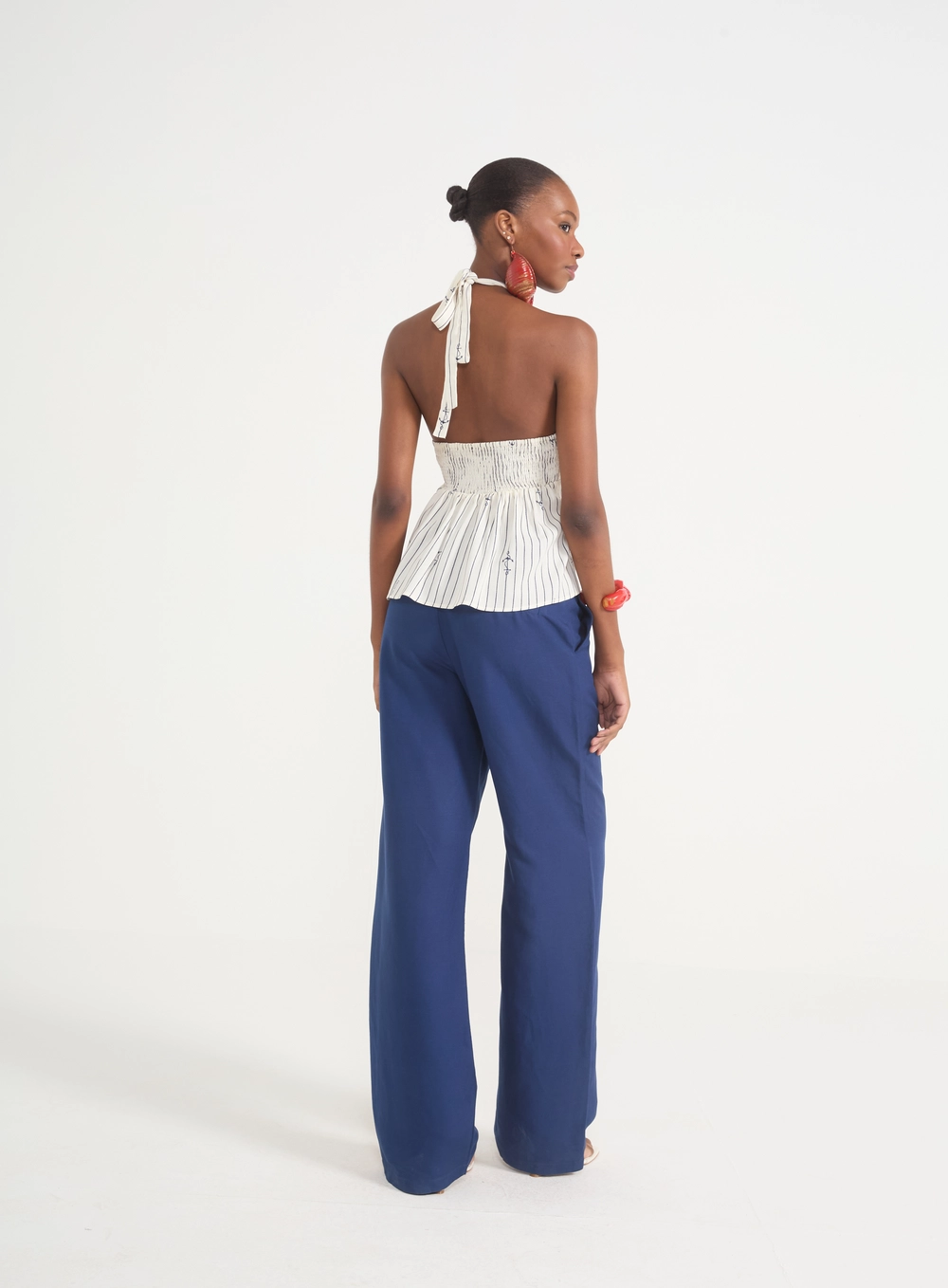 Calça Pantalona Mediterrâneo Viscose E Linho Azul