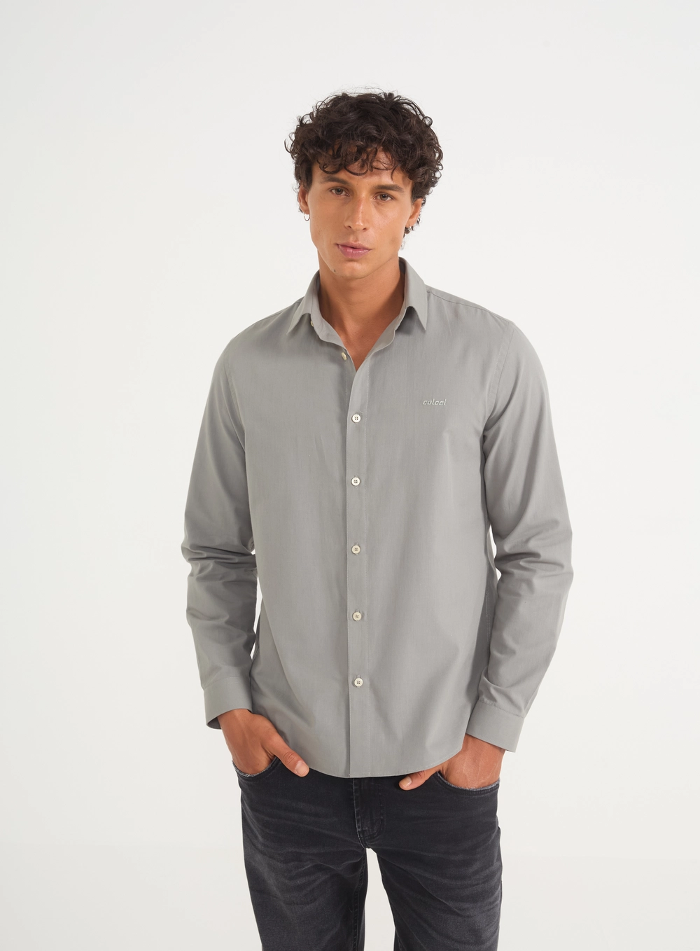 Camisa Masculina Manga Longa Com Logo CINZA