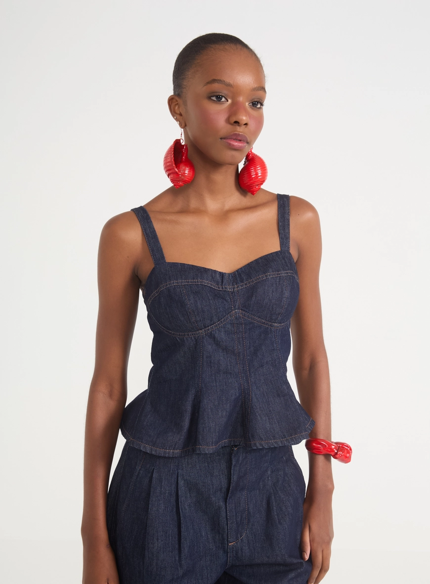 Blusa Feminina Corset Jeans Com Peplum E Zíper