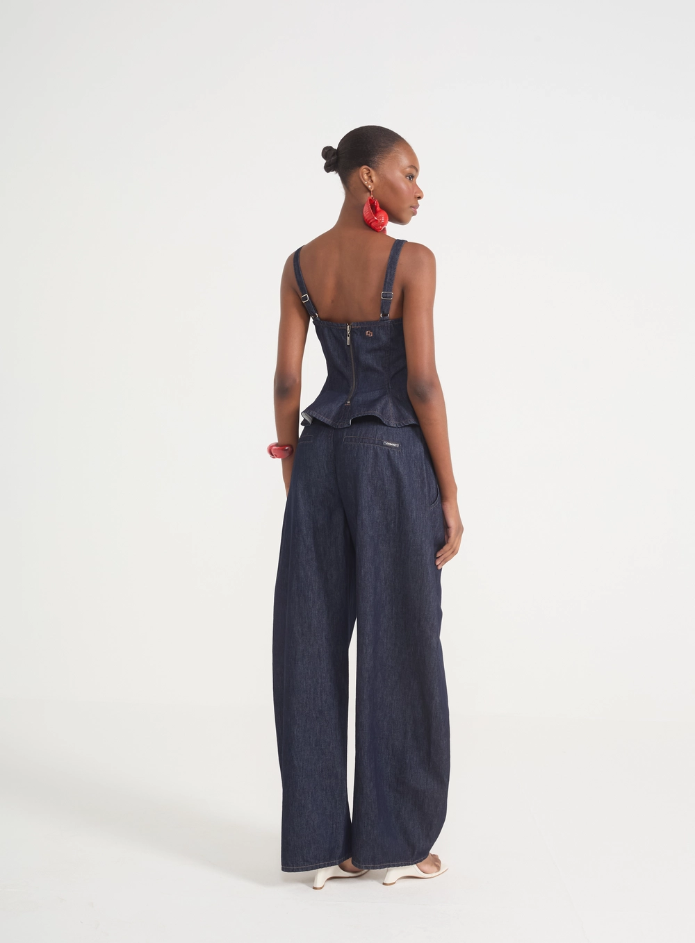 Blusa Feminina Corset Jeans Com Peplum E Zíper Índigo