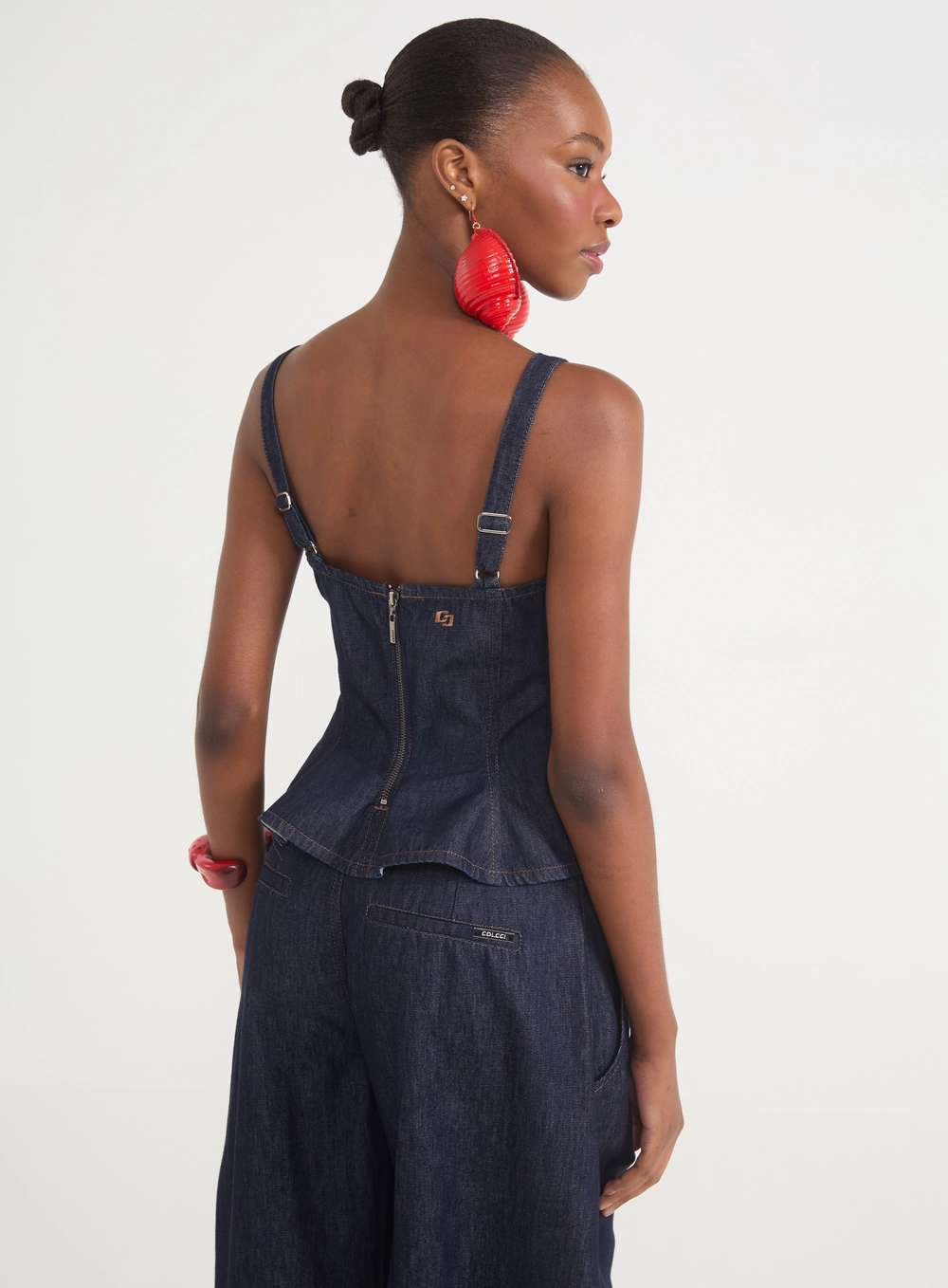 Blusa Feminina Corset Jeans Com Peplum E Zíper Índigo