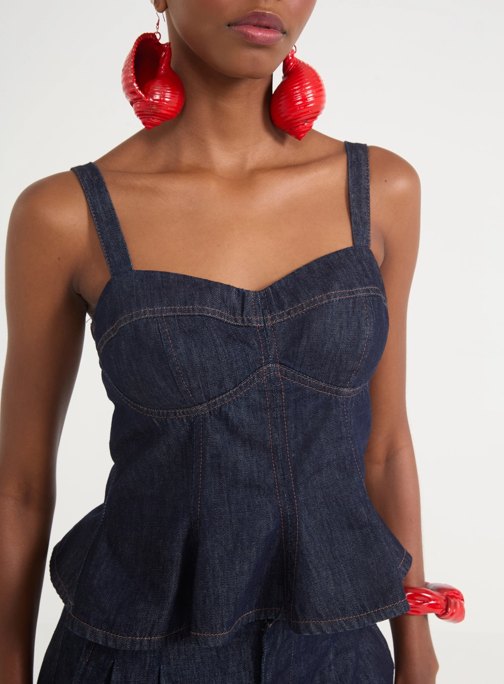 Blusa Feminina Corset Jeans Com Peplum E Zíper Índigo