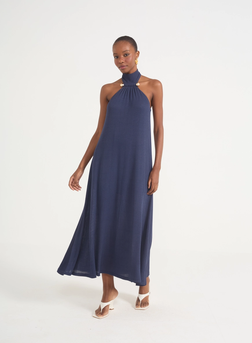 Vestido Feminino Canelado De Gola Alta