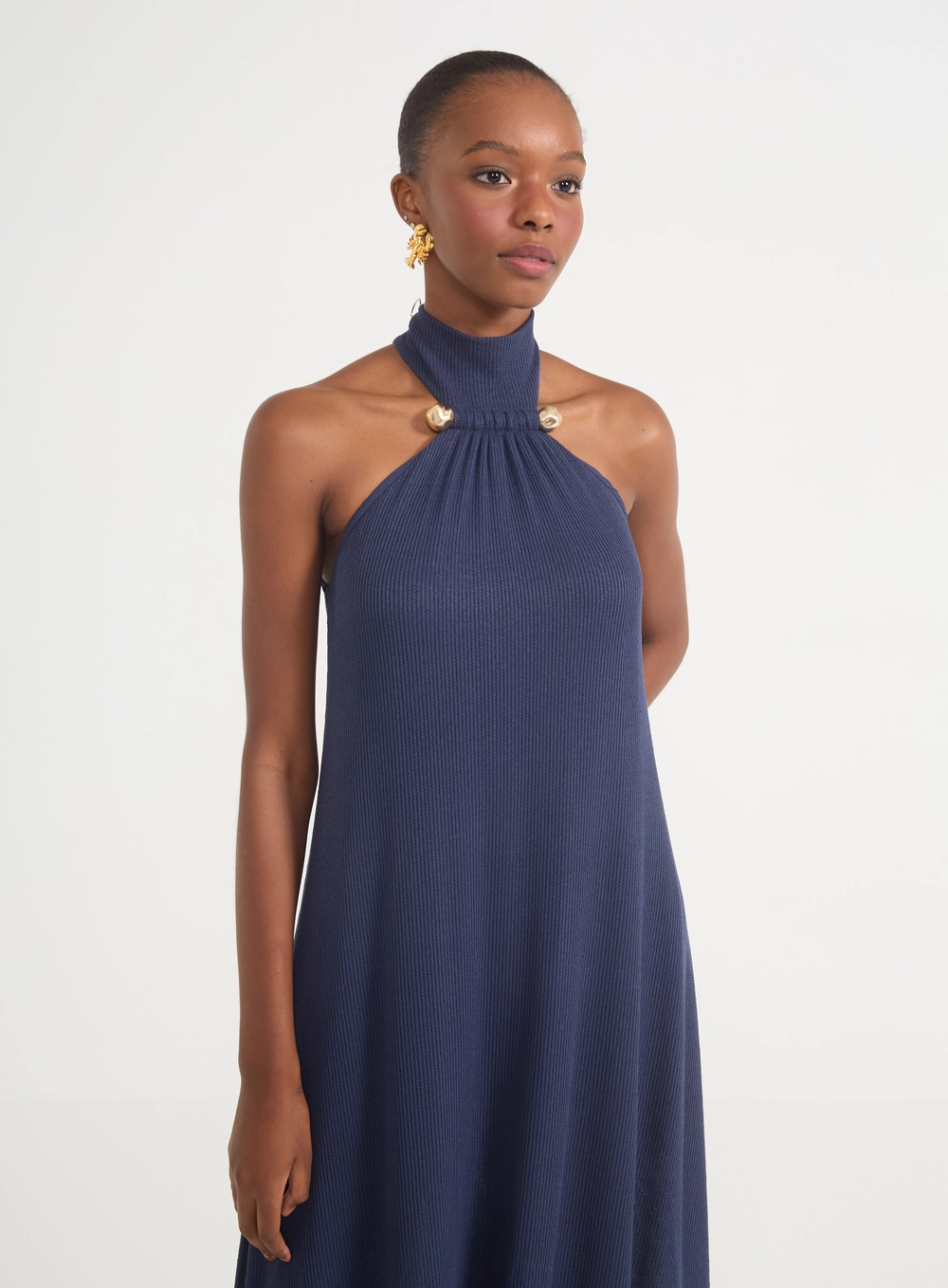 Vestido Feminino Canelado De Gola Alta Azul