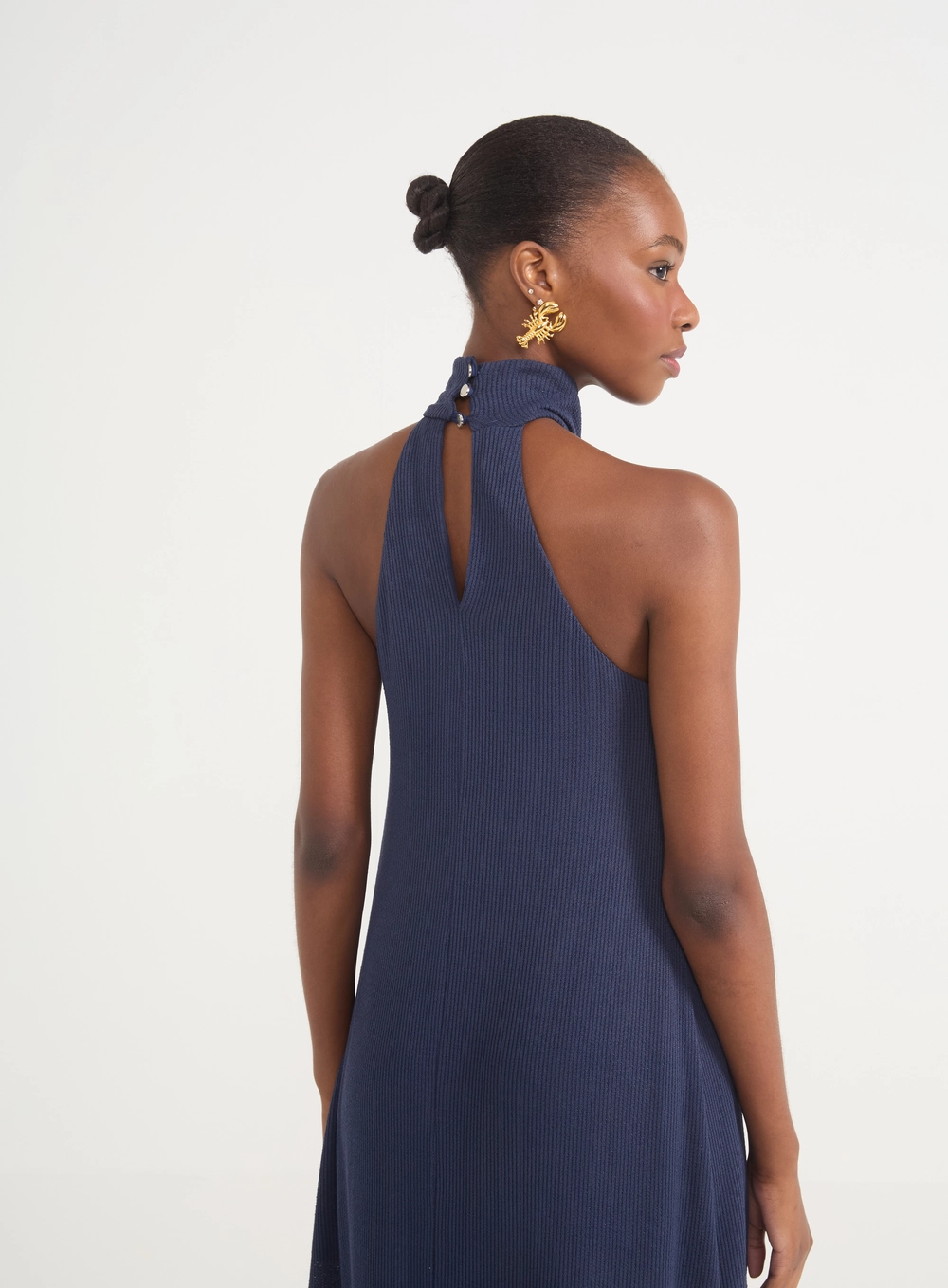 Vestido Feminino Canelado De Gola Alta Azul