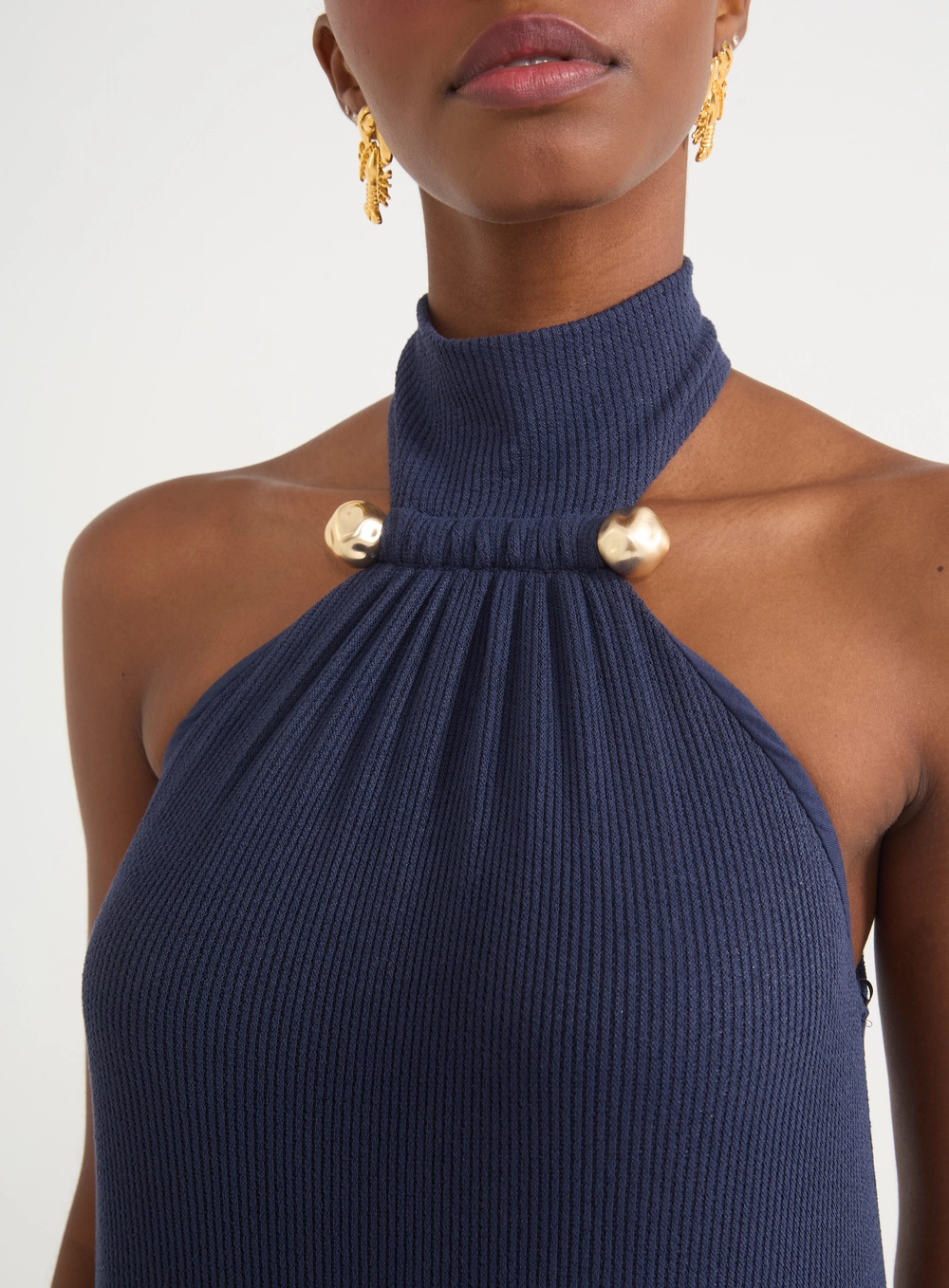 Vestido Feminino Canelado De Gola Alta Azul