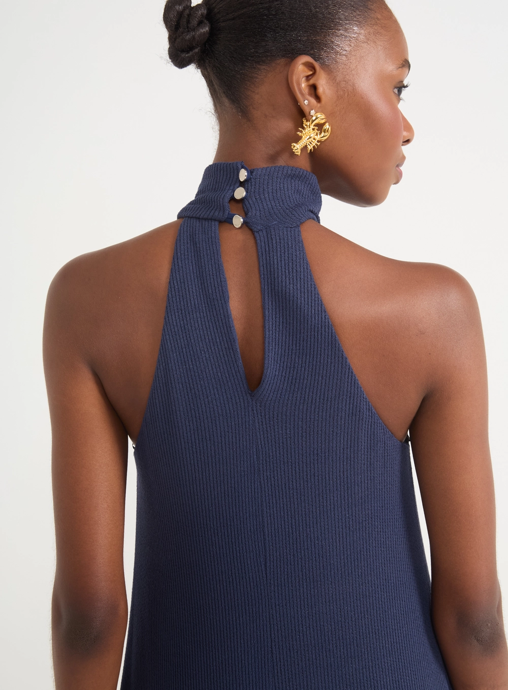 Vestido Feminino Canelado De Gola Alta Azul