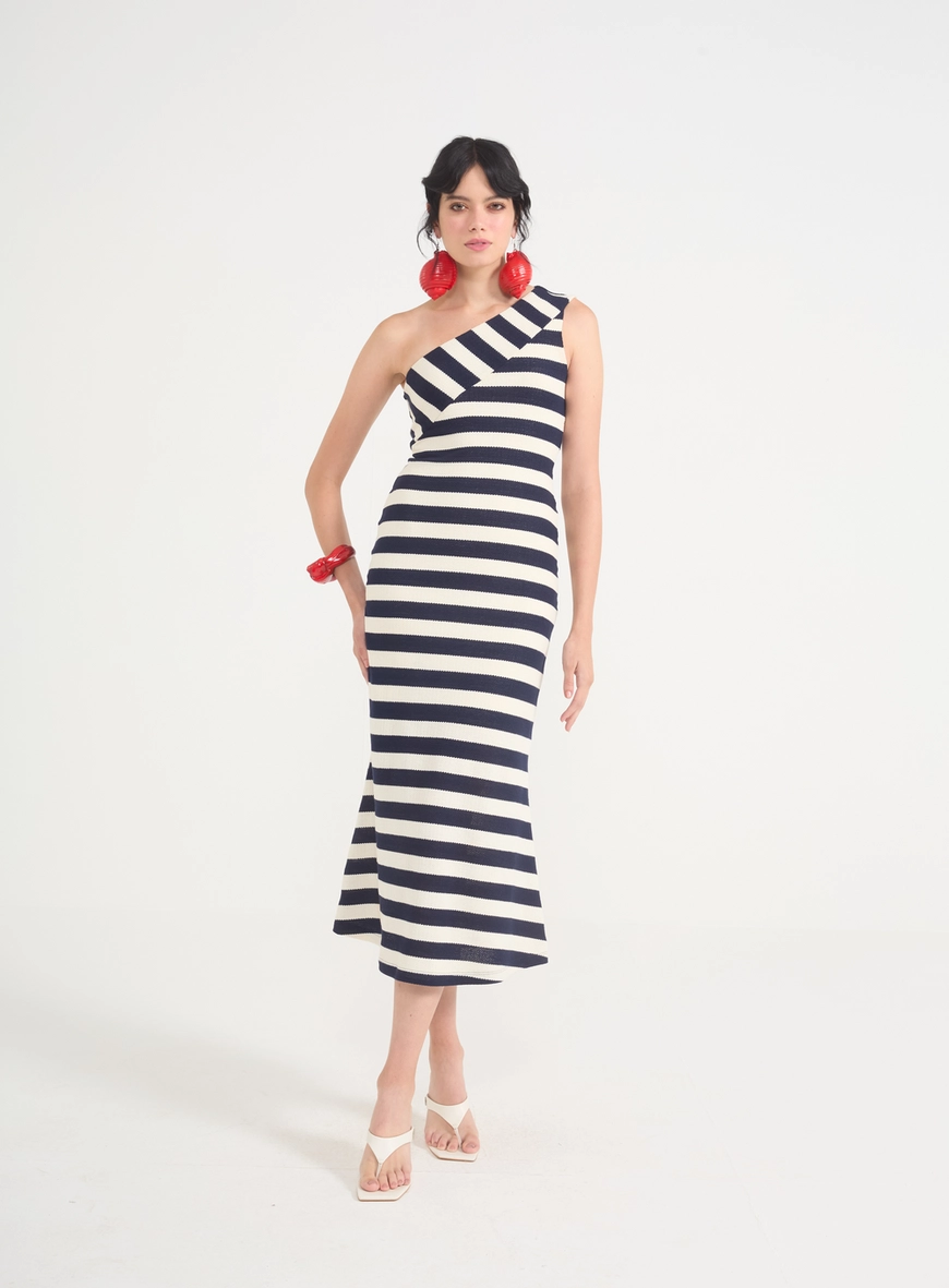 Vestido Midi De Um Ombro Só Com Listras