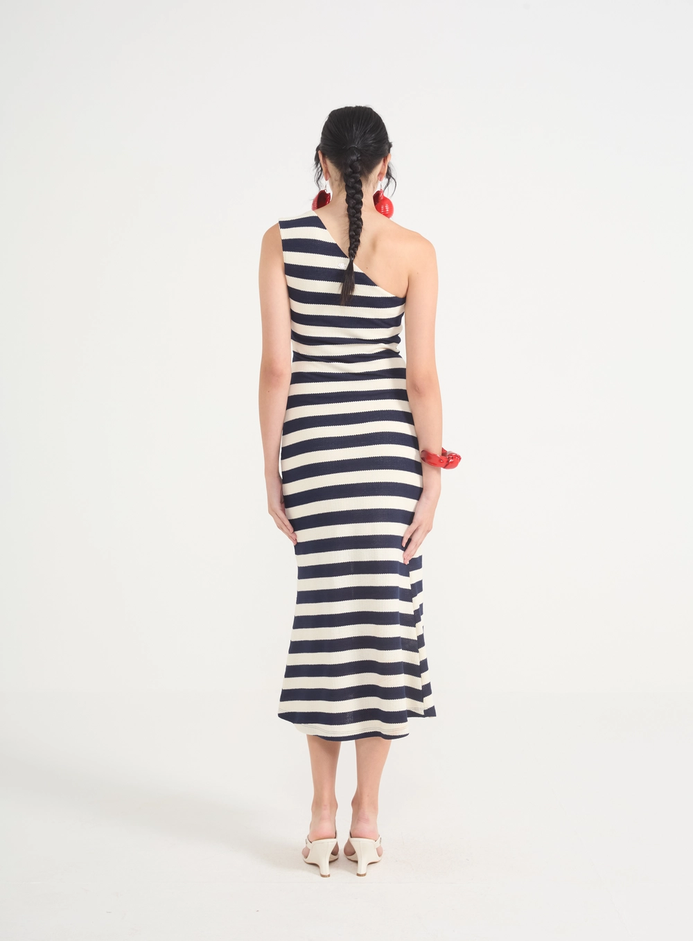 Vestido Midi De Um Ombro Só Com Listras Estampados