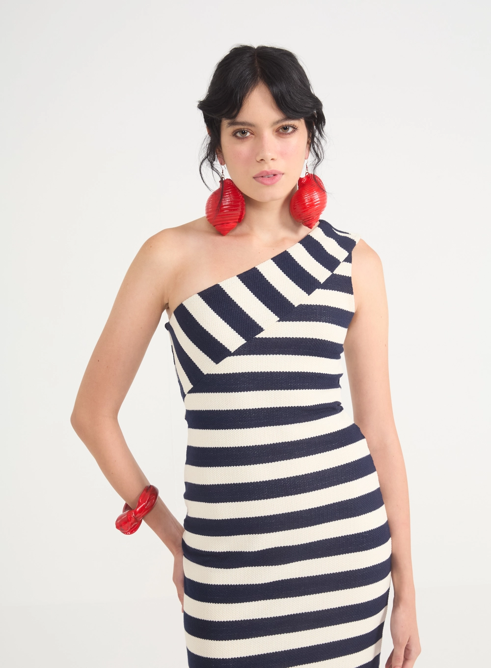 Vestido Midi De Um Ombro Só Com Listras Estampados