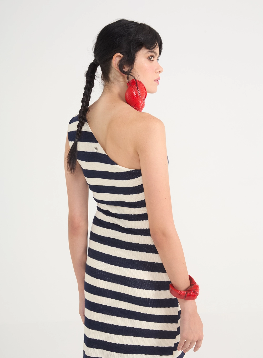 Vestido Midi De Um Ombro Só Com Listras Estampados