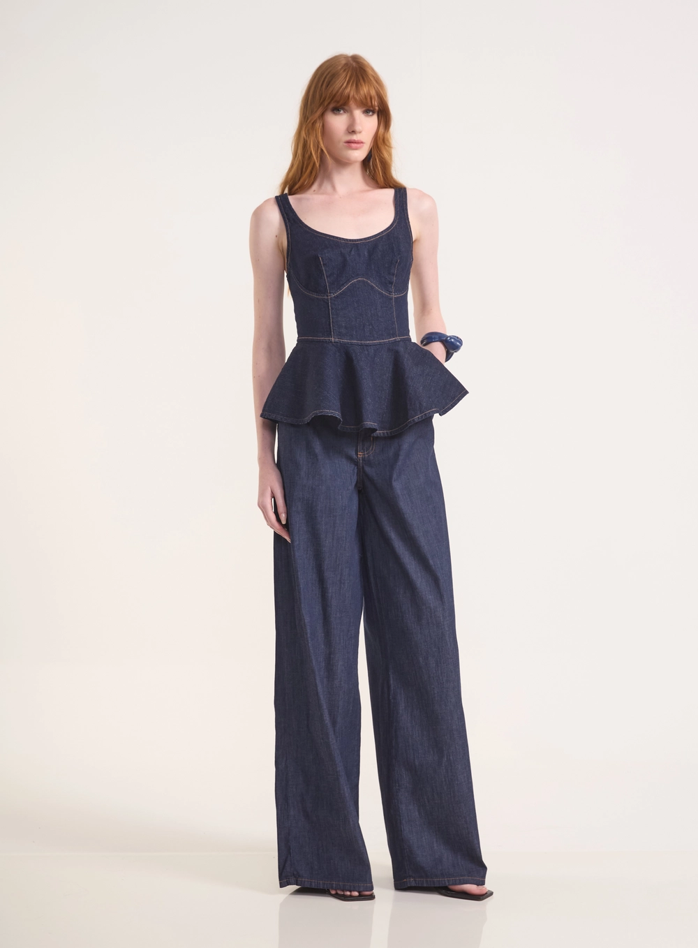 Calça Jeans Lisboa Stretch Pantalona Com Bolsos Índigo