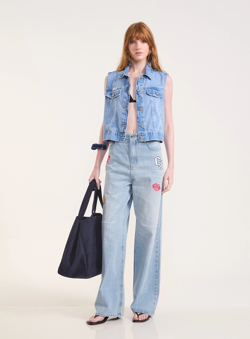 Calça Jeans Seul Wide Leg Com Patches