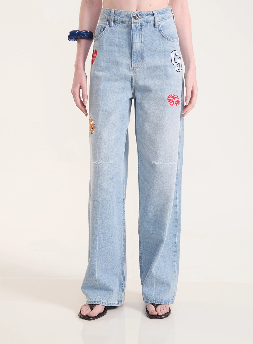 Calça Jeans Seul Wide Leg Com Patches Índigo