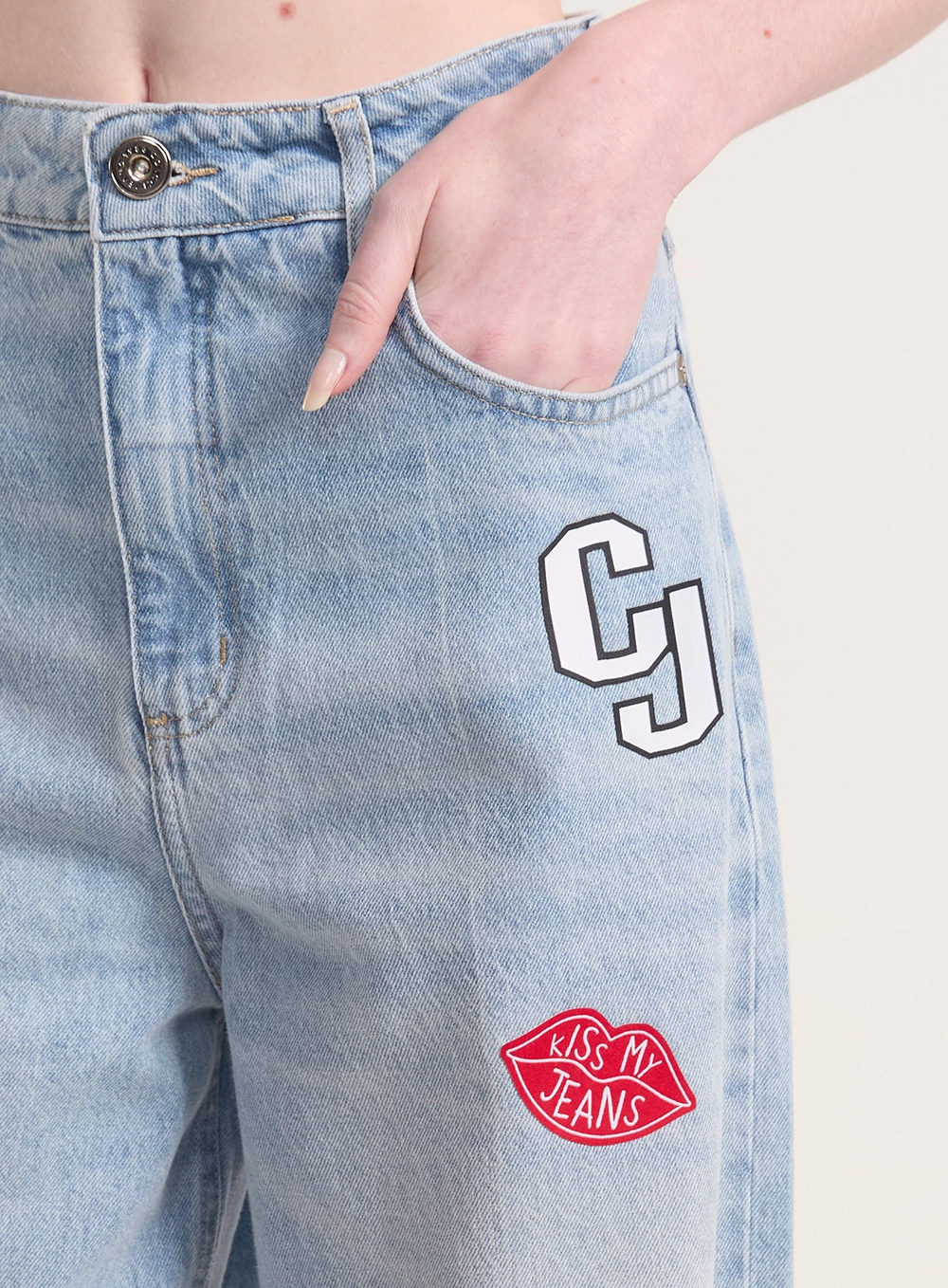 Calça Jeans Seul Wide Leg Com Patches Índigo