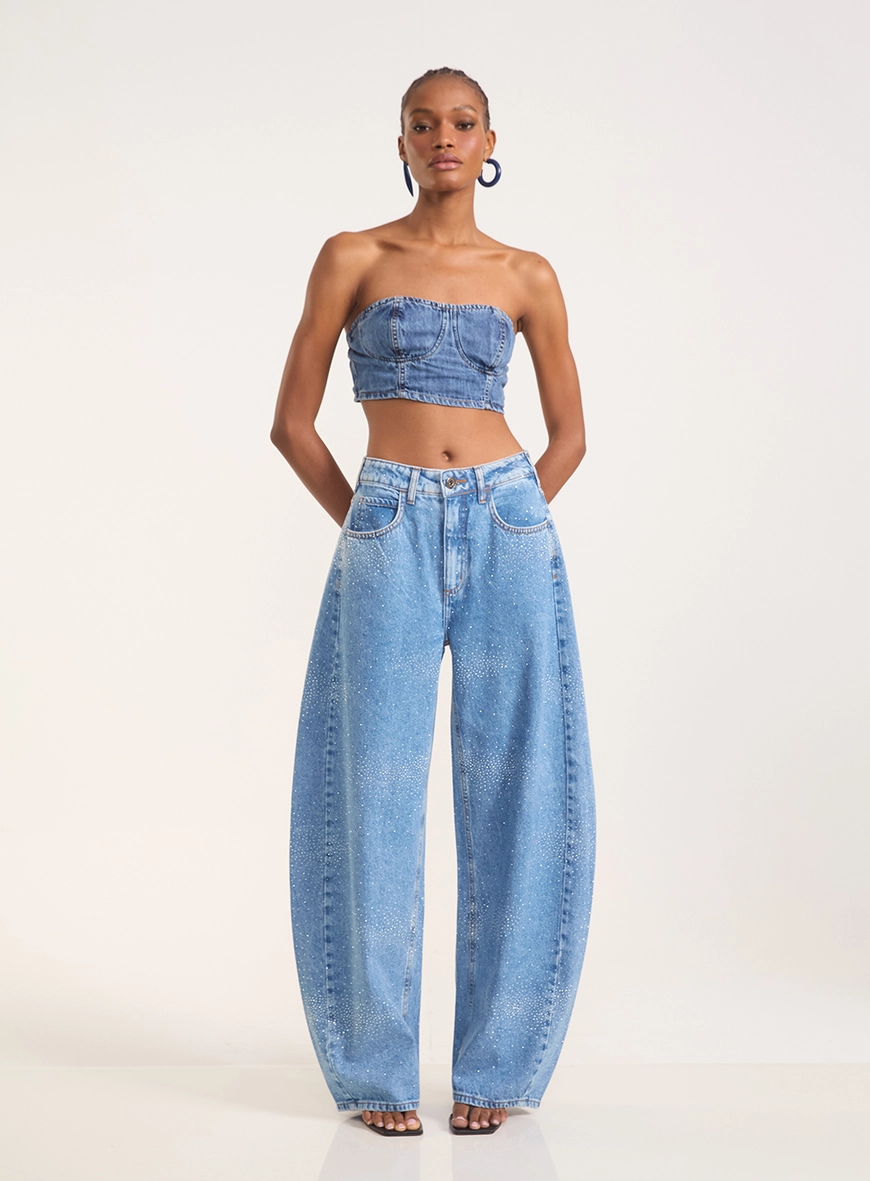 Calça Jeans Dublin Wide Leg Com Strass