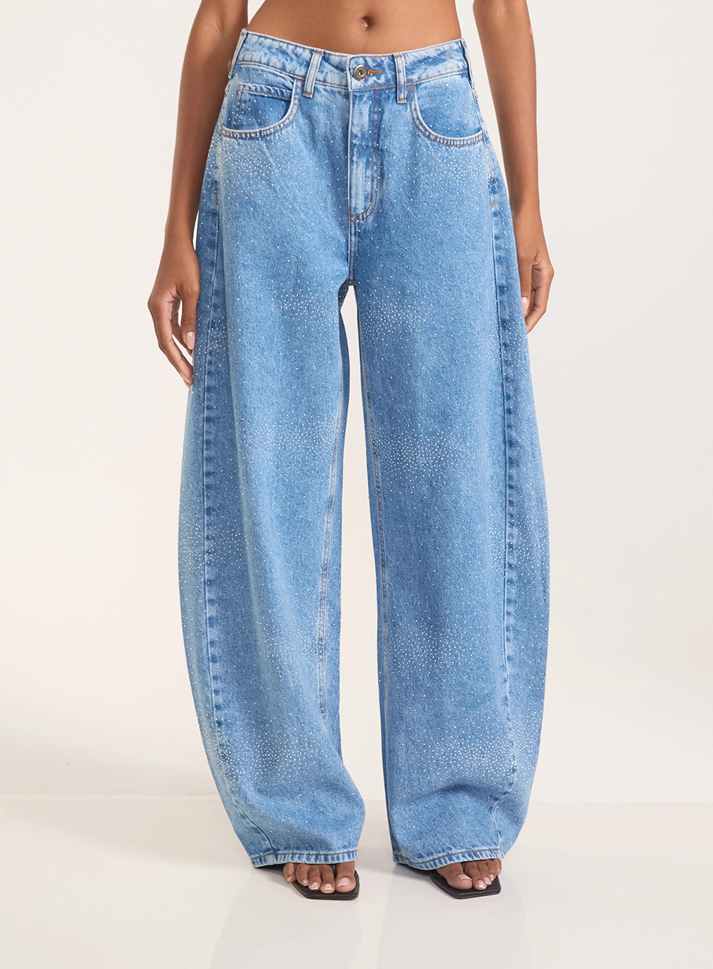 Calça Jeans Dublin Wide Leg Com Strass Índigo