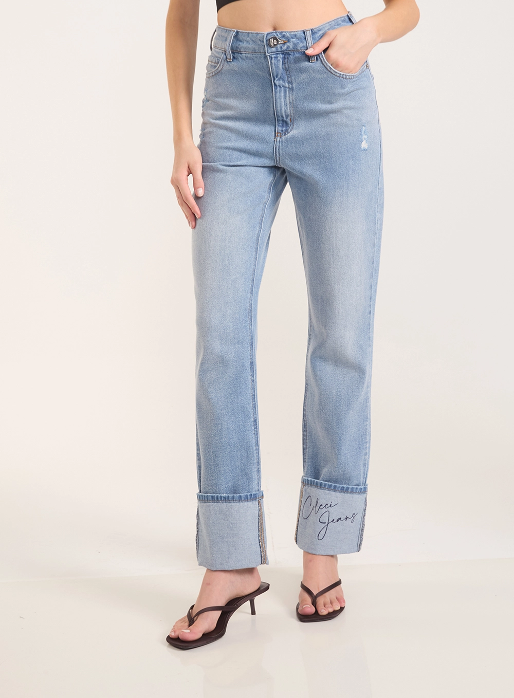 Calça Jeans Feminina Roma Reta Com Barra Dobrada Índigo