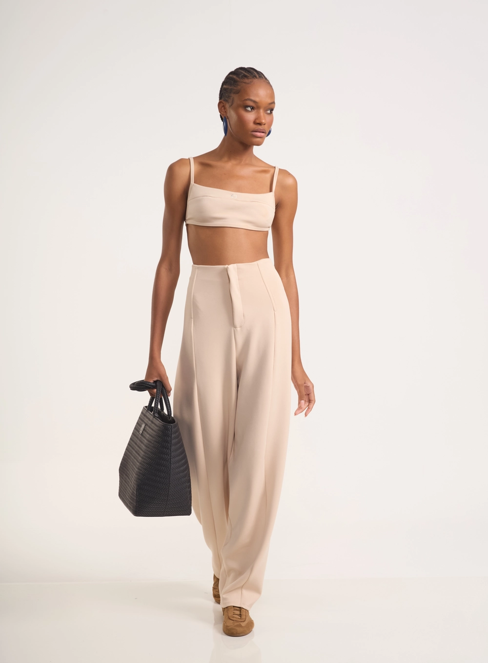 Calça Wide Leg Com Recortes E Cintura Alta Bege