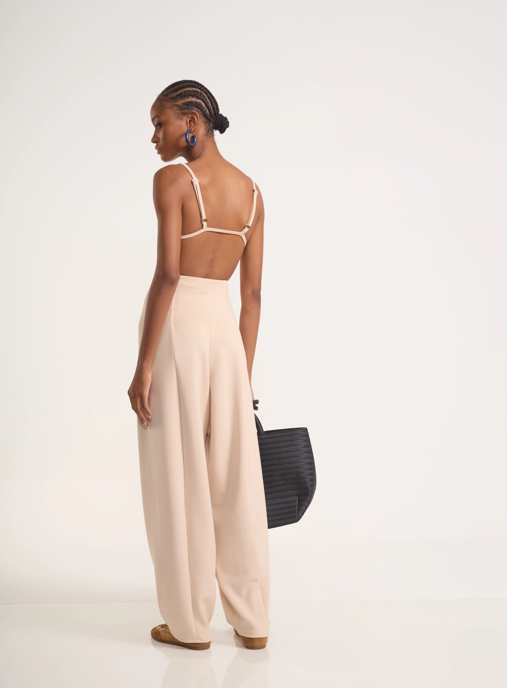 Calça Wide Leg Com Recortes E Cintura Alta Bege
