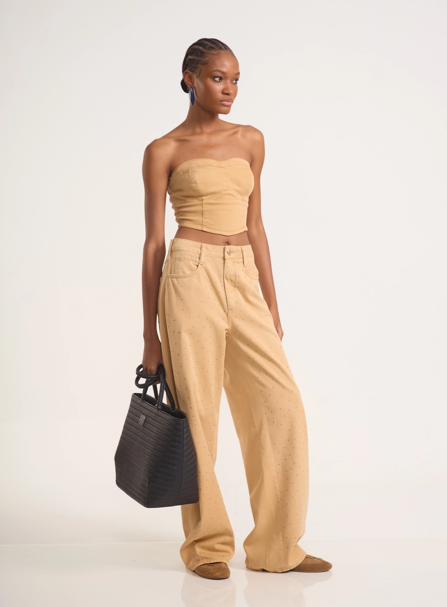 Calça Jeans Feminina Wide Leg Com Aplicação