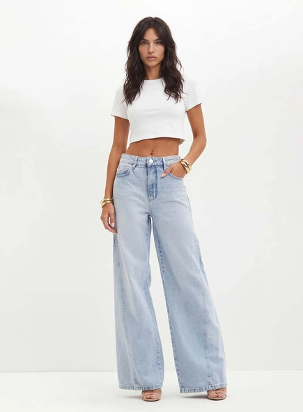 Calça Feminina Jeans Com Recortes - Wide Leg