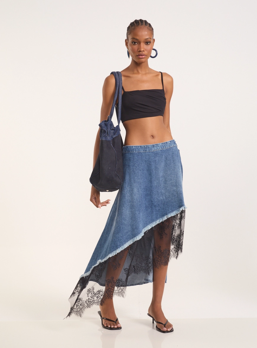 Saia Jeans Feminina Com Renda