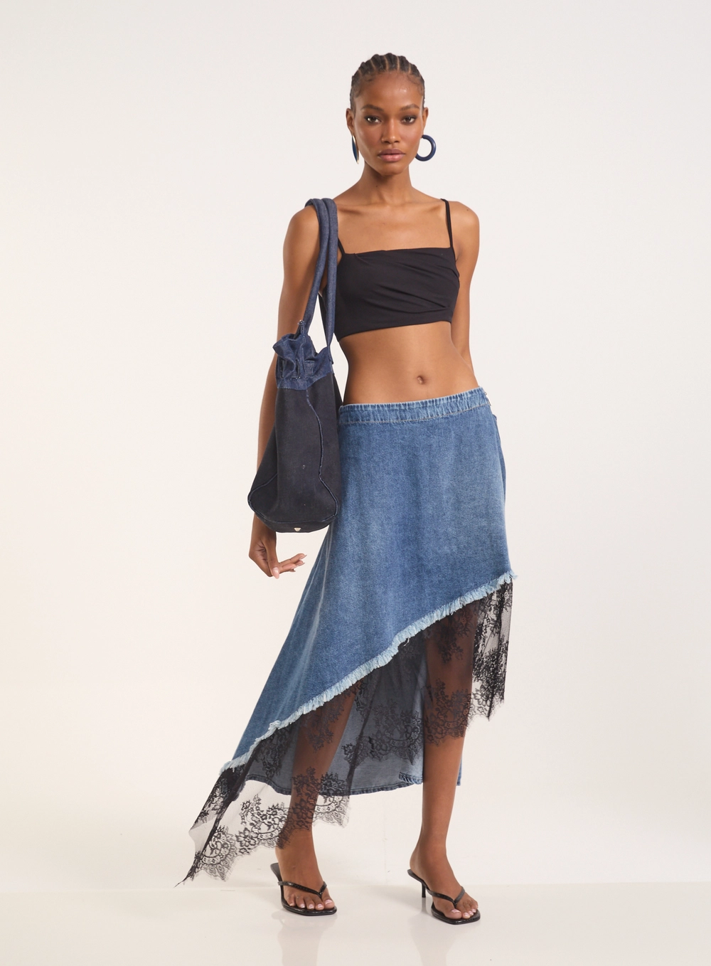 Saia Jeans Feminina Com Renda Índigo