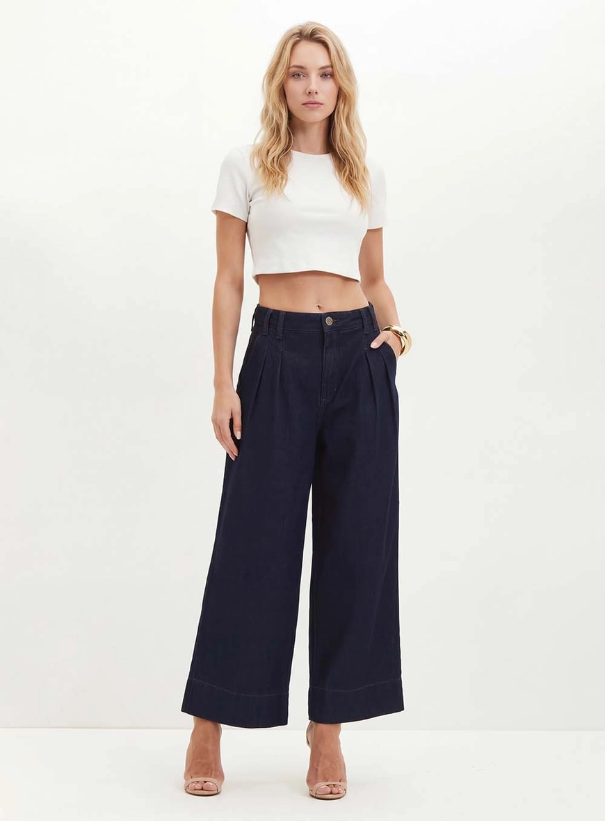Calça Feminina Jeans Com Pregas - Pantacourt Índigo 3