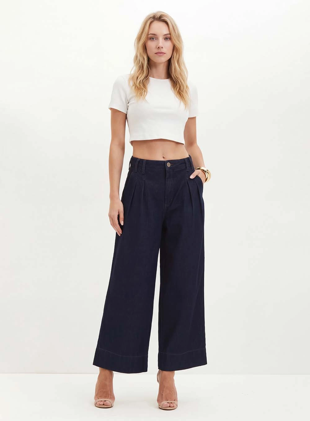 Calça Feminina Jeans Com Pregas - Pantacourt Índigo 3