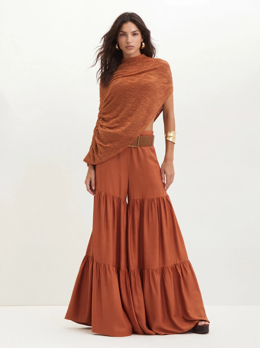 Calça Feminina Com Babados - Pantalona Marrom 3
