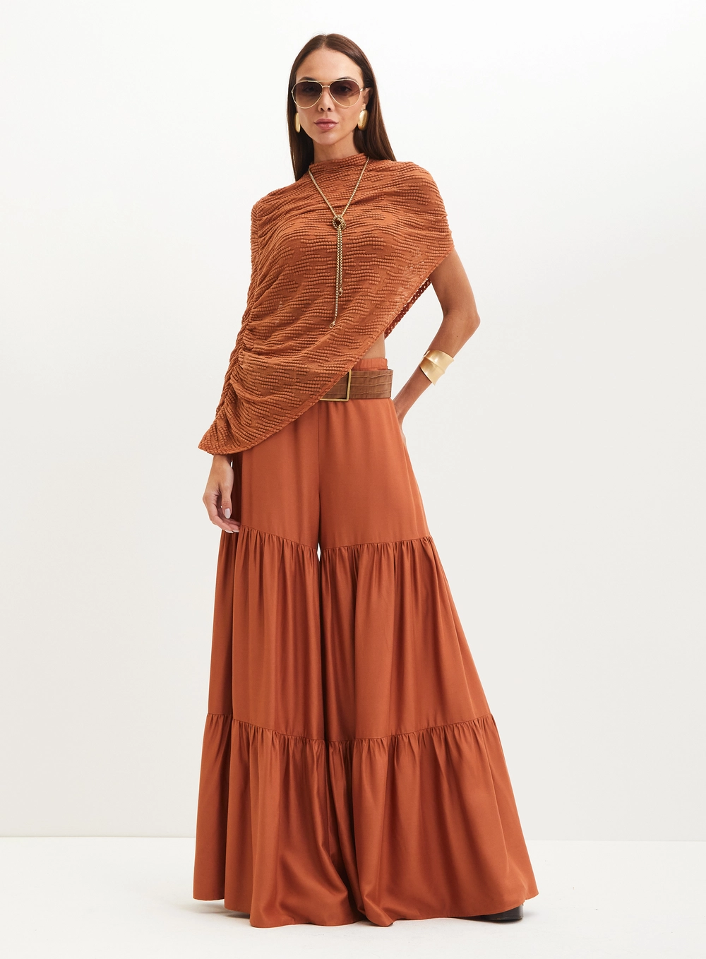 Calça Feminina Com Babados - Pantalona Marrom 5