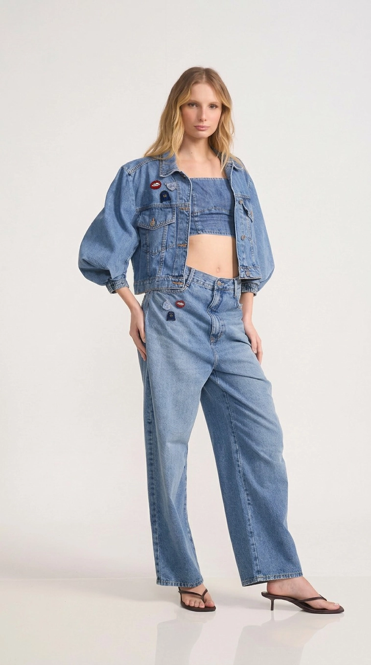 Jaqueta Jeans Com Mangas Bufantes Índigo