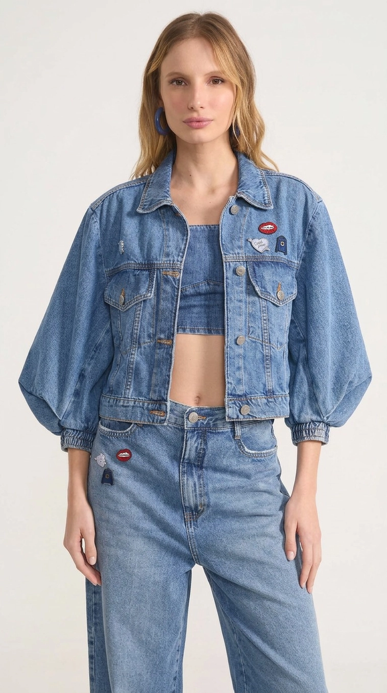 Jaqueta Jeans Com Mangas Bufantes Índigo