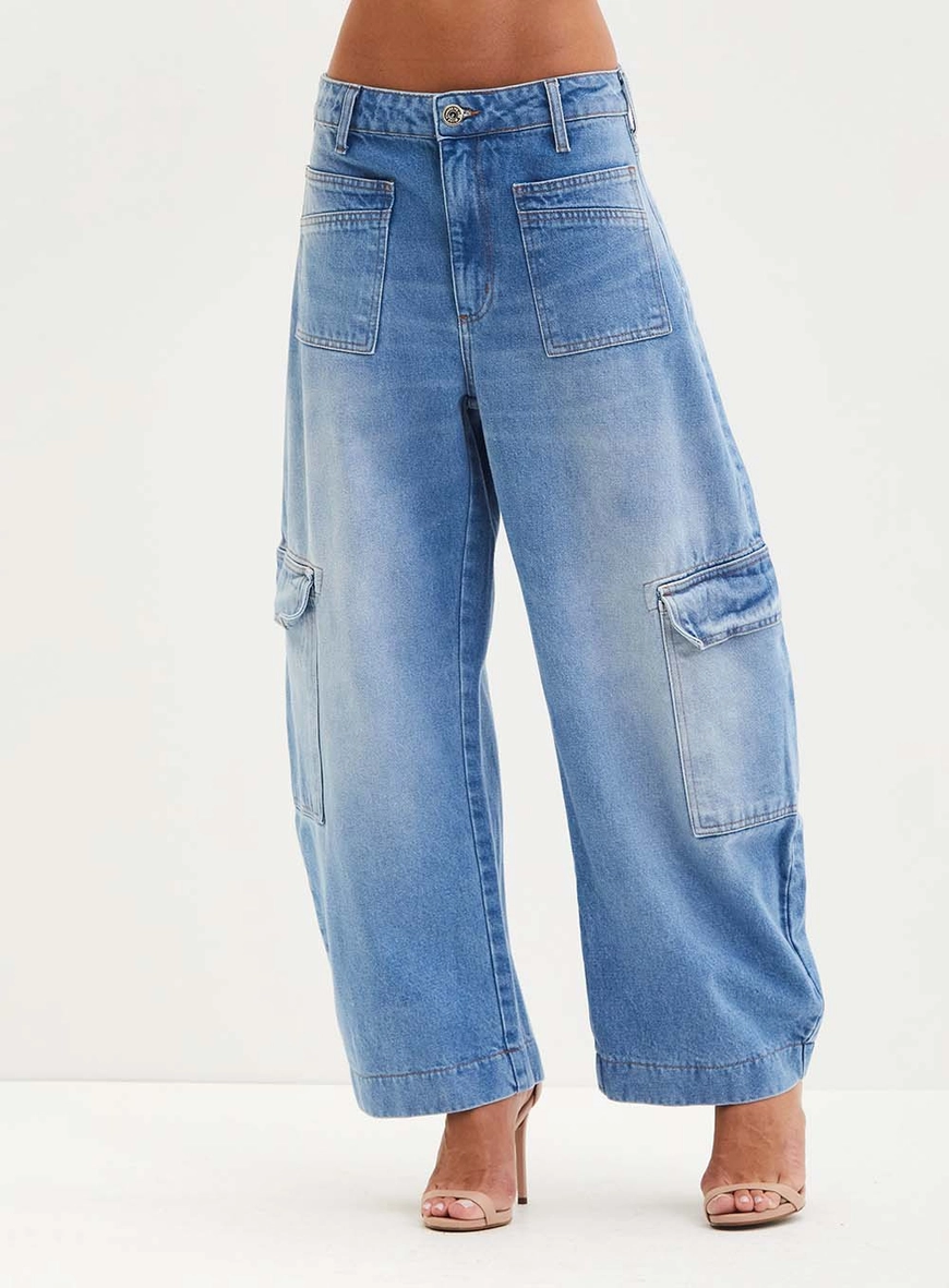 Calça Feminina Jeans Cargo - Barrel Índigo 2